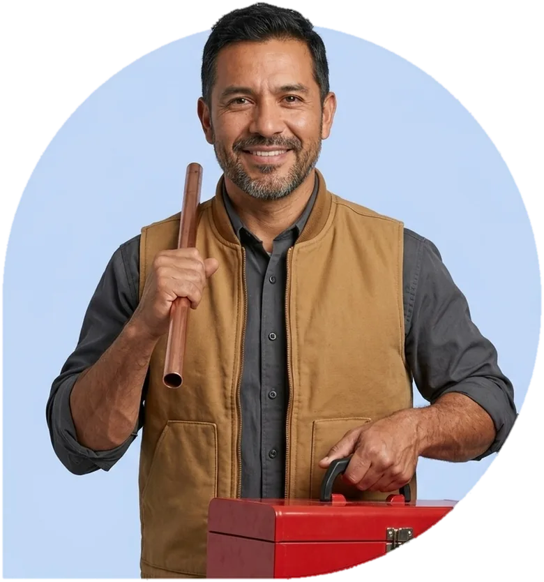 A plumber holding a length of copper pipe, his hand on a red toolbox.