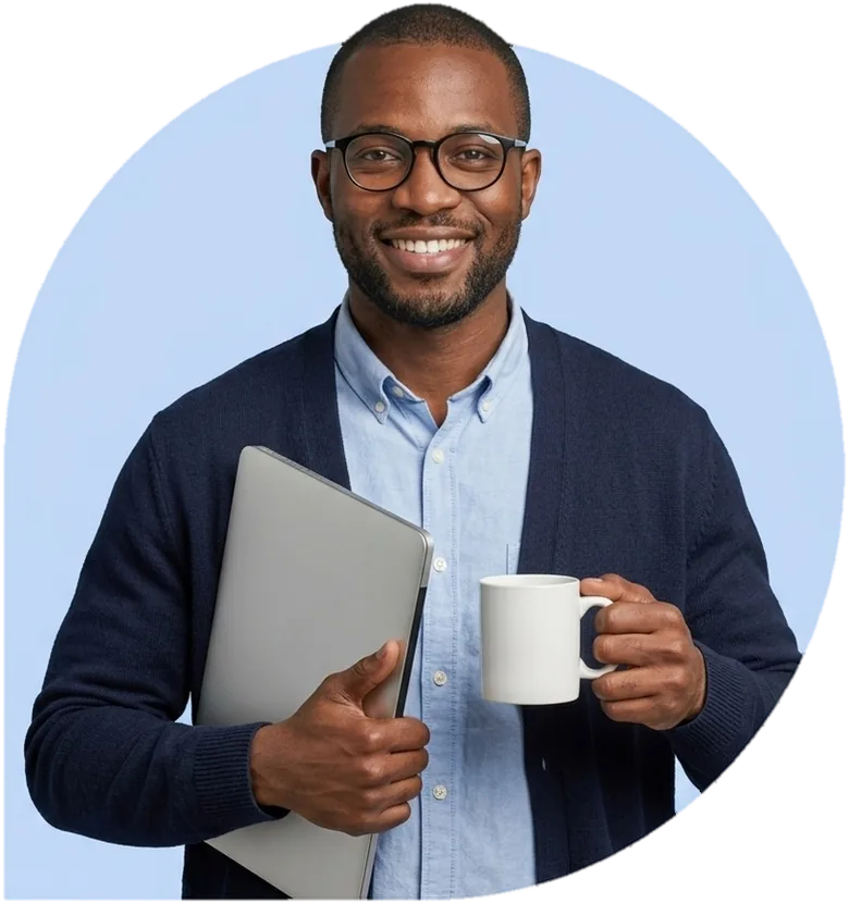 A consultant leaving his home office with a laptop and a coffee mug.