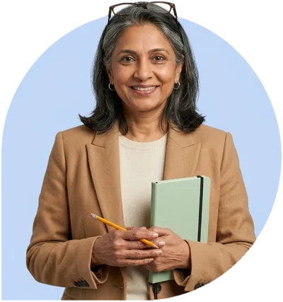 A sales rep holding a small green logbook and a pencil.