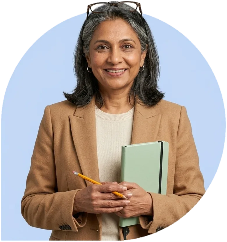 A sales rep holding a small green logbook and a pencil.