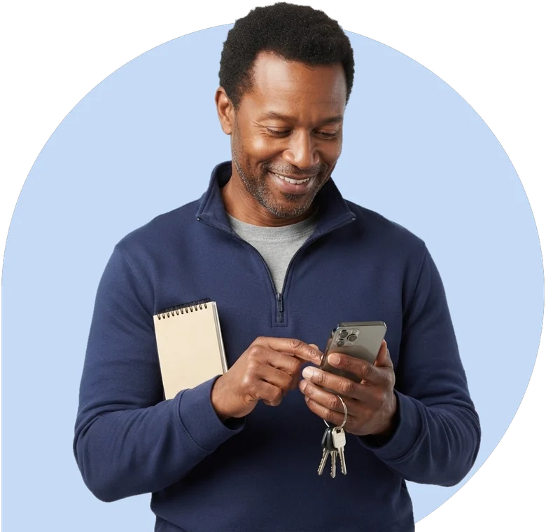 A man with a small notebook and his car keys, checking a drive on his phone.