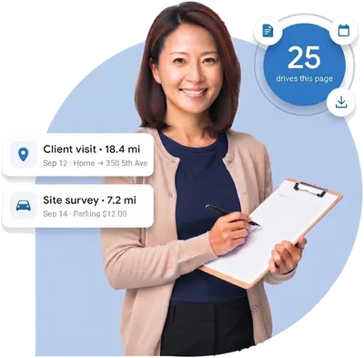 A woman filling in a paper mileage log on a clipboard, beside two logged drives and a badge saying 25 drives fit on a page.