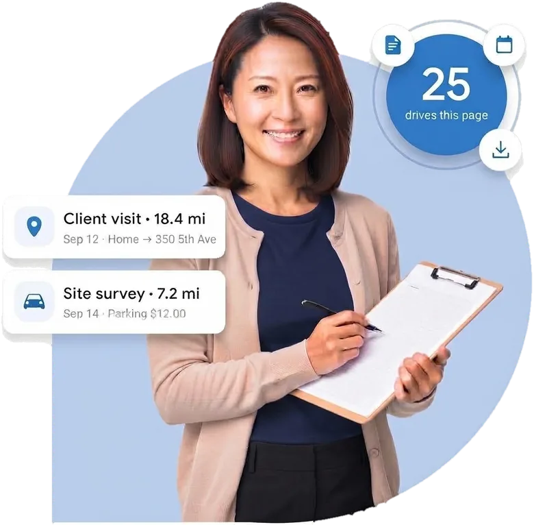 A woman filling in a paper mileage log on a clipboard, beside two logged drives and a badge saying 25 drives fit on a page.