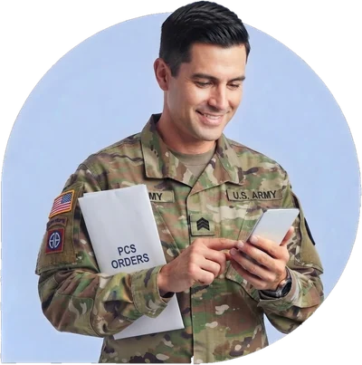 A U.S. Army soldier holding an envelope marked PCS orders and checking his phone.
