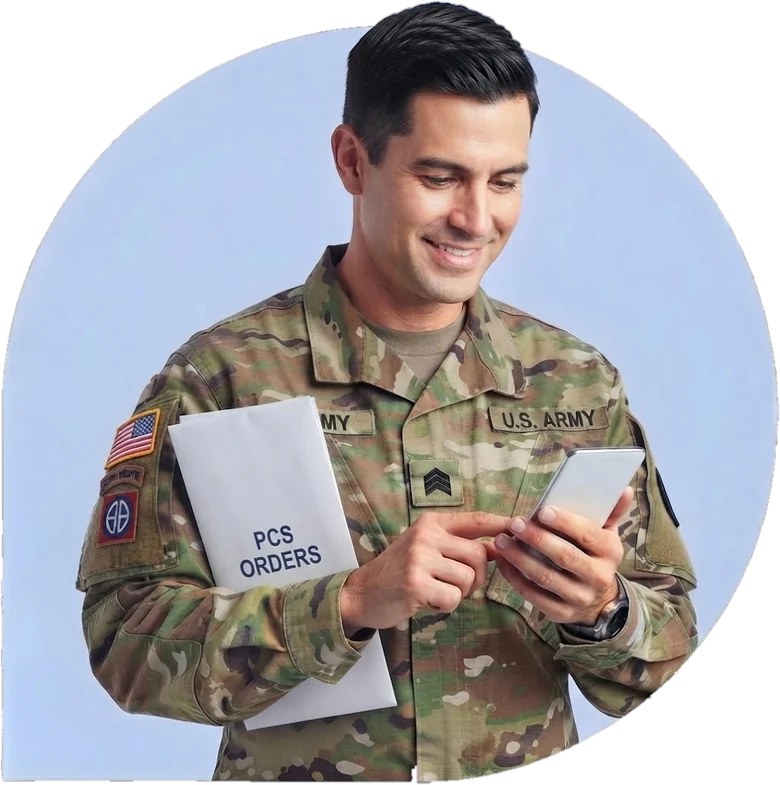 A U.S. Army soldier holding an envelope marked PCS orders and checking his phone.