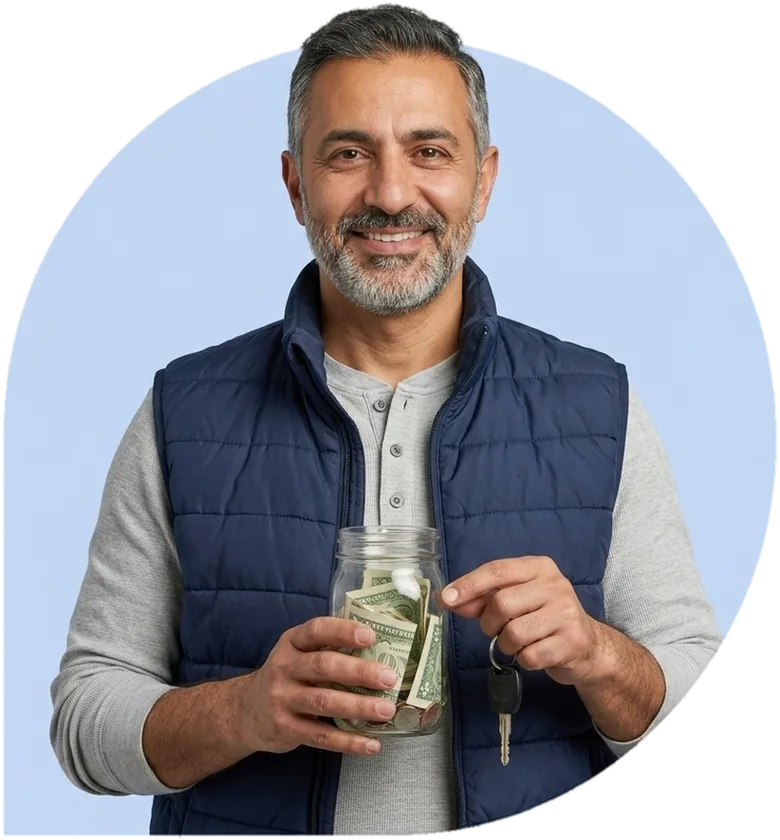 A rideshare driver holding a glass jar of money set aside for tax, his car key in the other hand.
