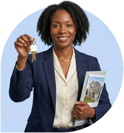A real estate agent holding out a ring of house keys, a folder with a listing flyer under her arm.