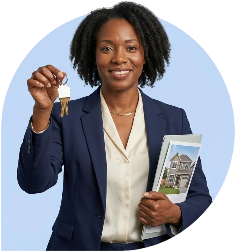 A real estate agent holding out a ring of house keys, a folder with a listing flyer under her arm.