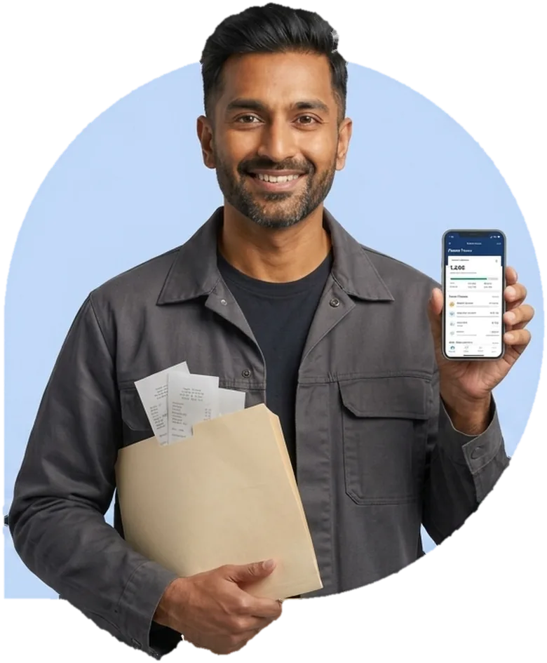 A tradesman holding an envelope of receipts and a phone showing his drives.
