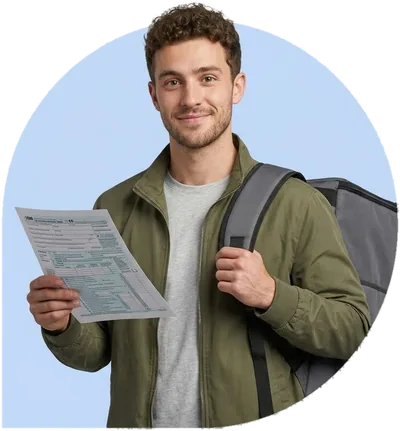 A young delivery courier with an insulated backpack, holding up a tax form.