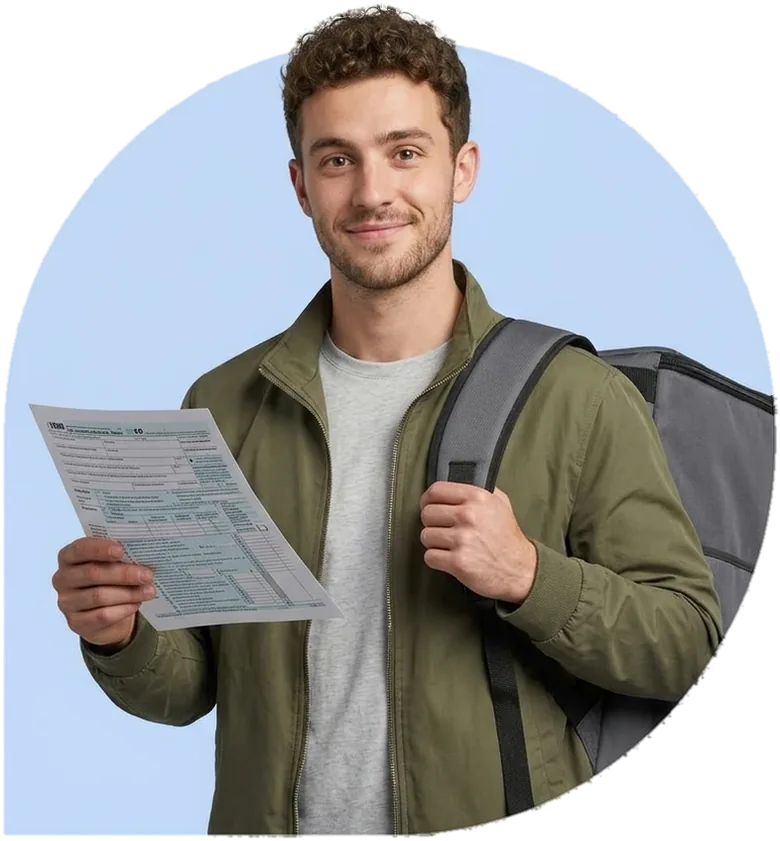 A young delivery courier with an insulated backpack, holding up a tax form.