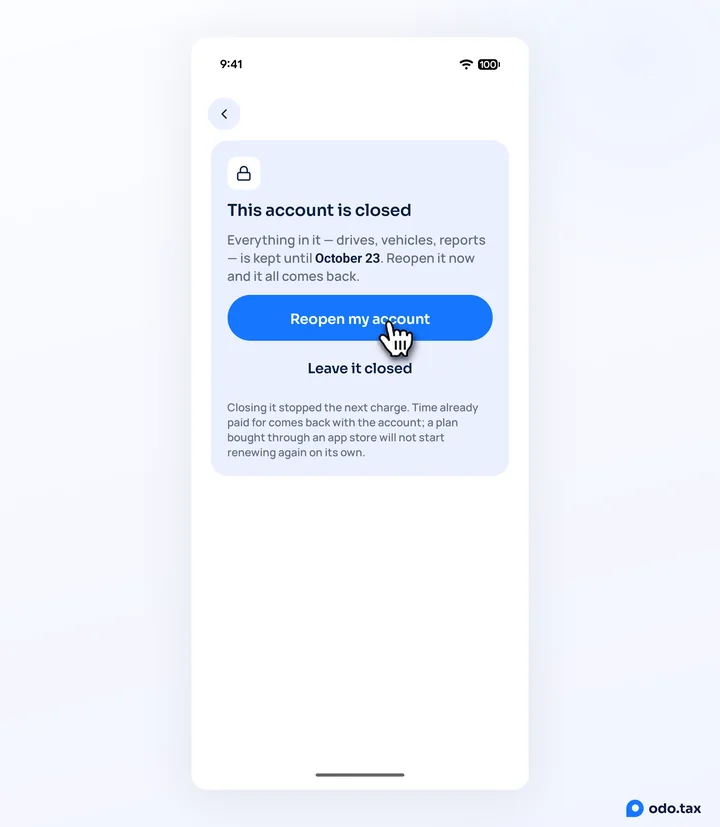 odo on Android after signing in to a closed account: This account is closed, kept until October 23, with the hand on Reopen my account and Leave it closed below.