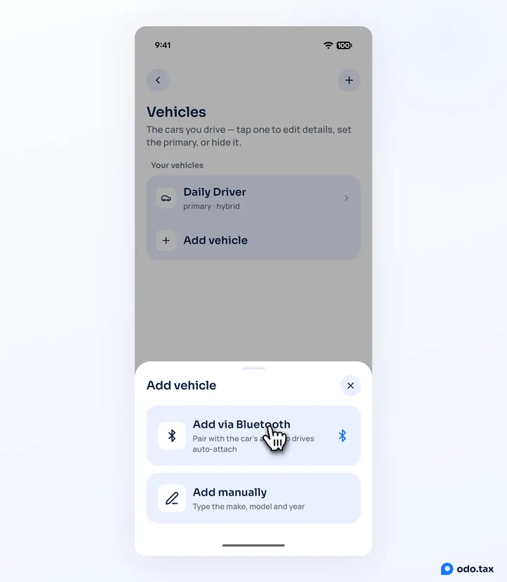 Vehicles in odo on Android with the Add vehicle sheet open, and the hand on Add via Bluetooth.