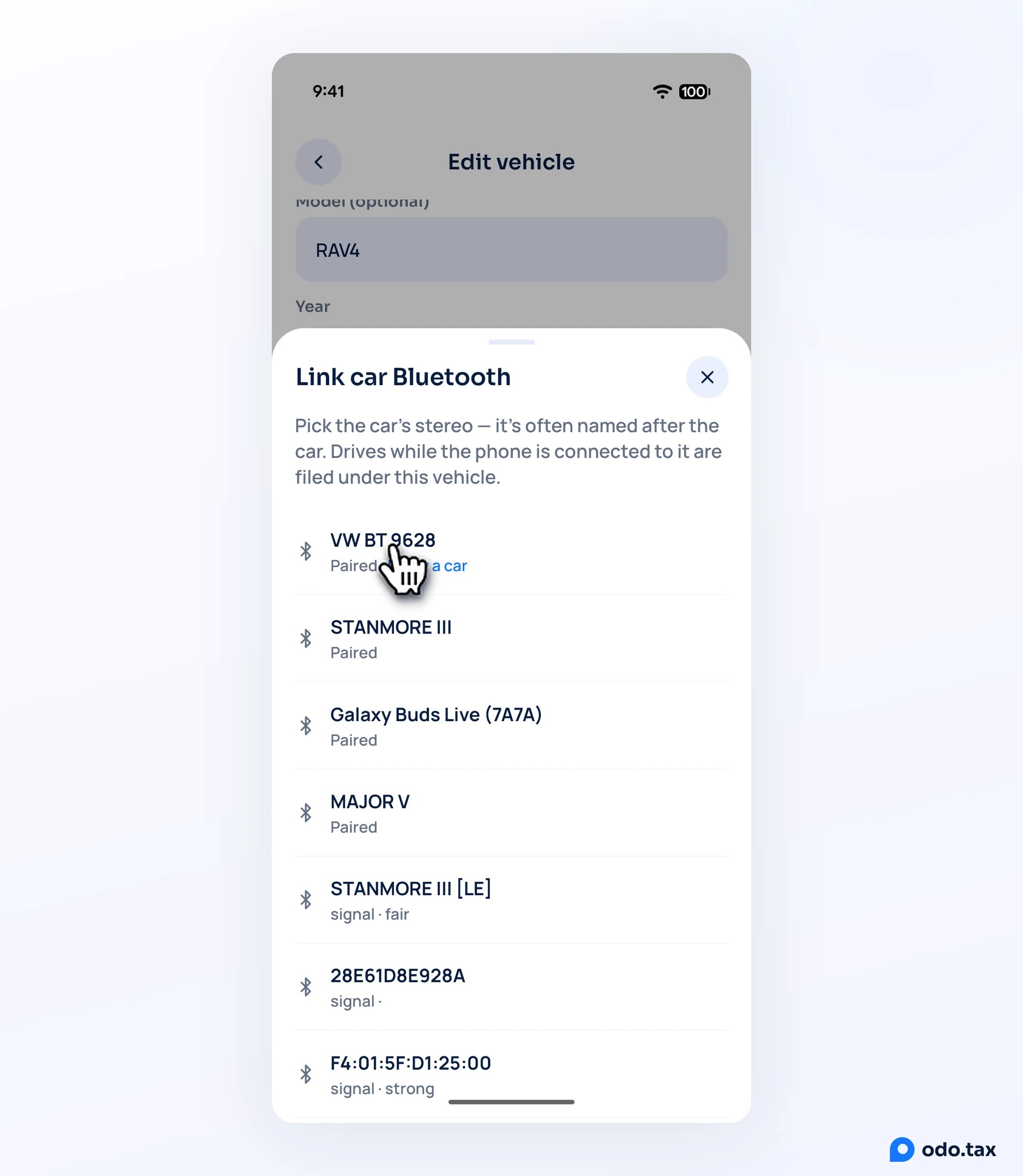 The Link car Bluetooth sheet listing the phone's devices, with the hand on the car's, marked Paired and Likely a car.
