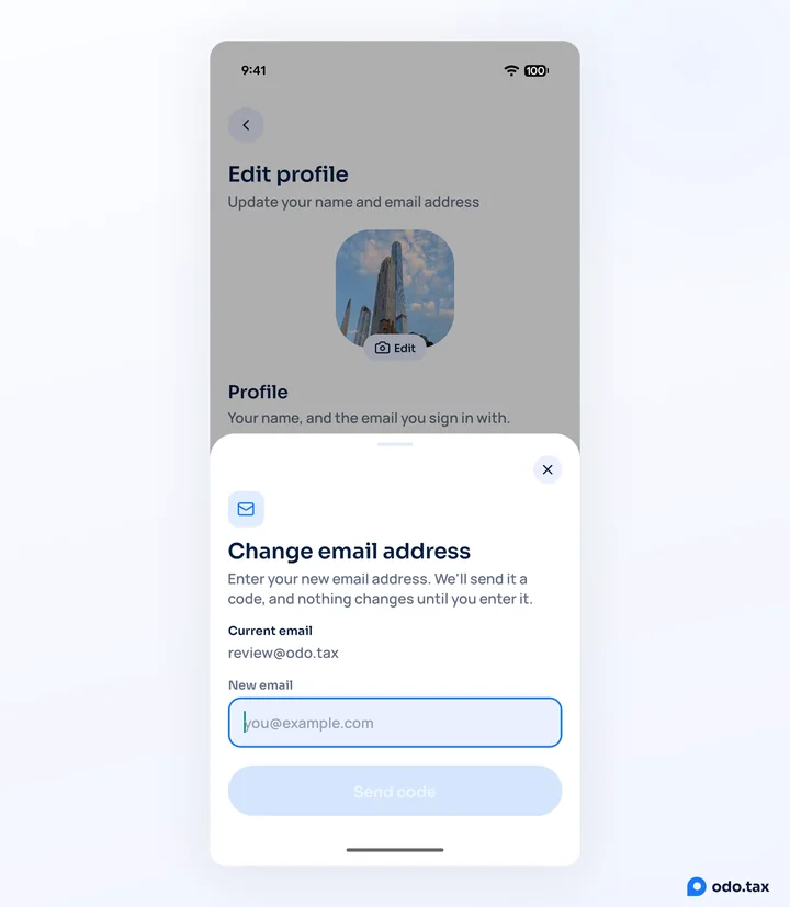 The Change email address sheet in odo on Android: the current email, an empty New email field, and Send code.