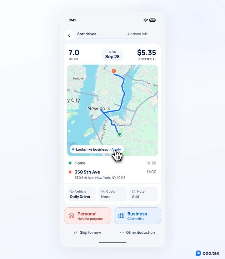 The Sort drives card in OdoTax on Android: a drive's miles, date, map and route, with Vehicle, Costs and Note under it and the Personal and Business buttons, and the hand on Apply in Looks like business · Apply.