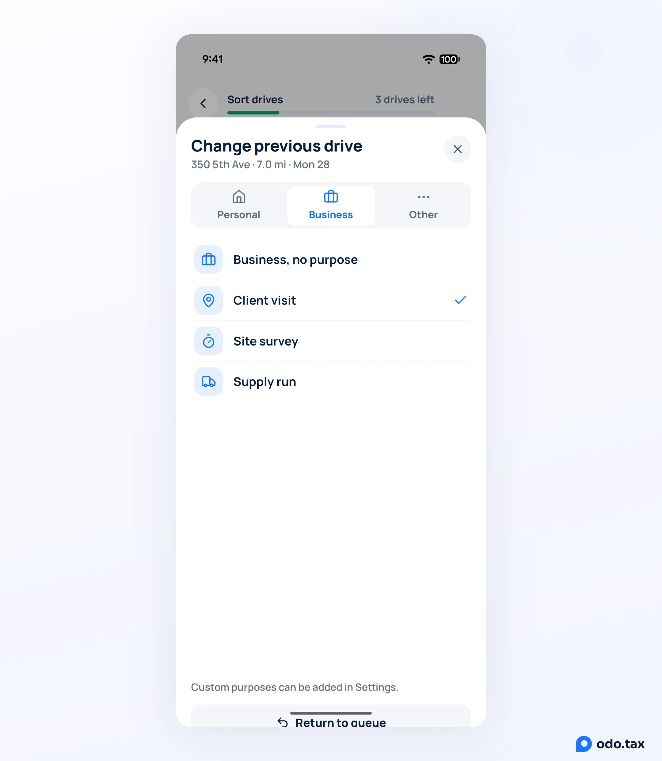 The Change previous drive sheet in OdoTax on Android: Personal, Business and Other, the business purposes with Client visit ticked, and Return to queue.