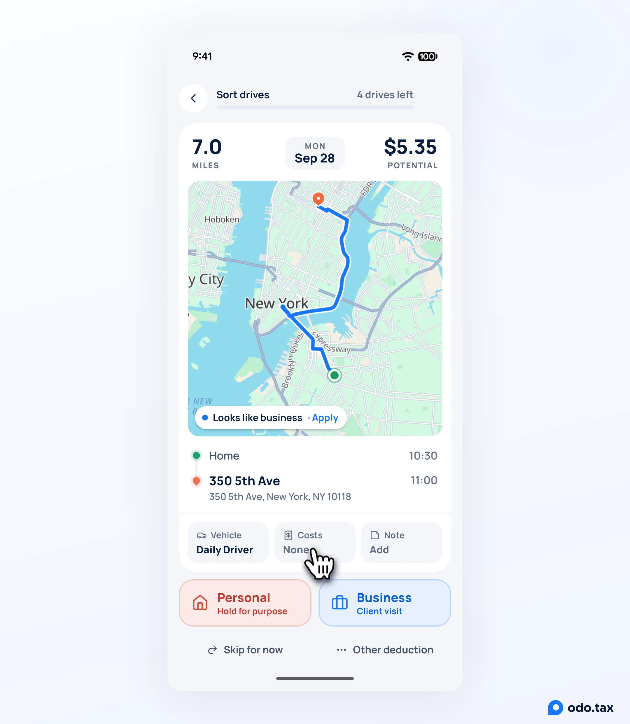 The Sort drives card in OdoTax on Android: a drive's miles, date, map and route, with Vehicle, Costs and Note under it and the Personal and Business buttons, the hand on Costs.