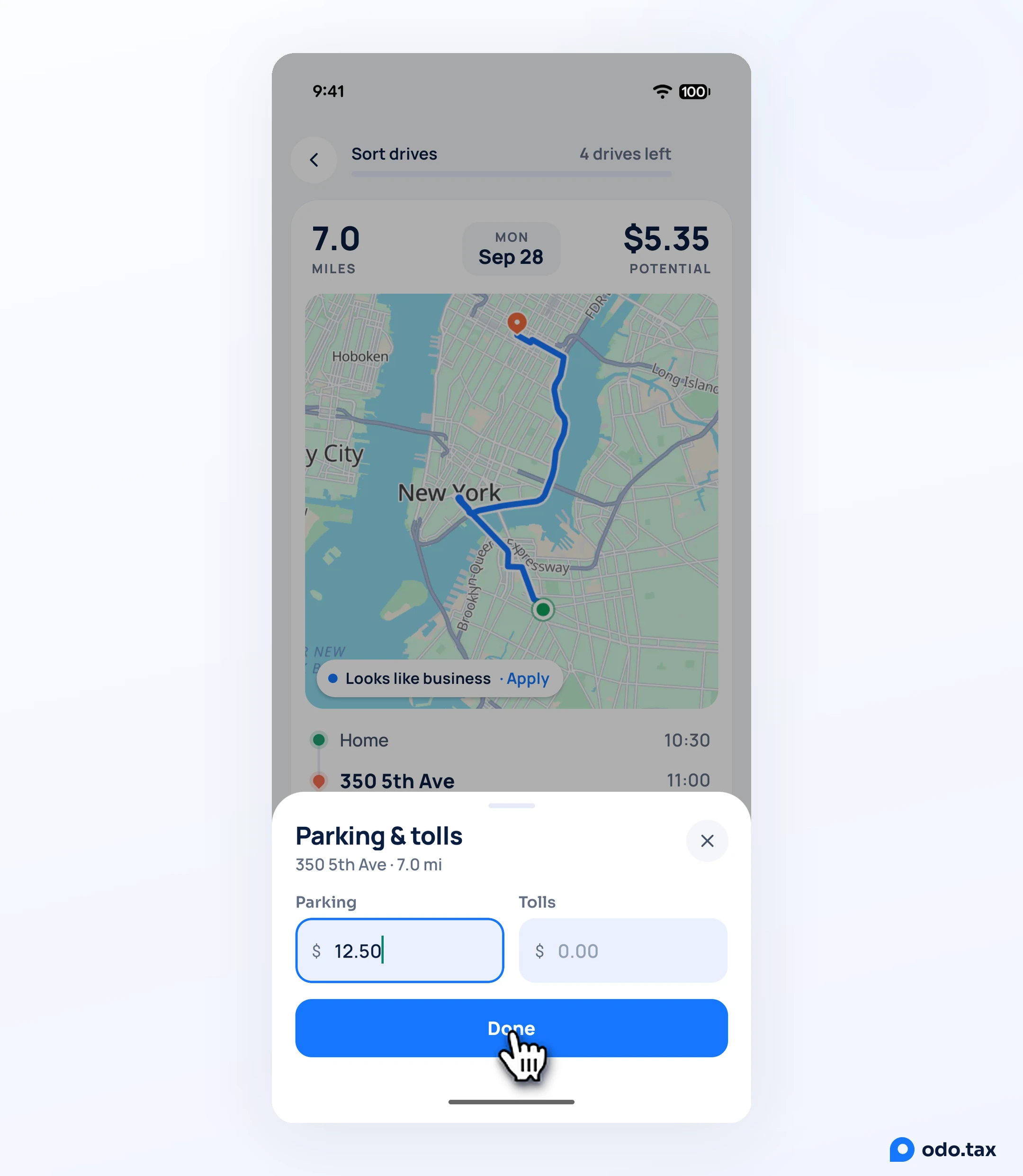 The Parking & tolls sheet in OdoTax on Android with 12.50 typed for parking, and the hand on Done.