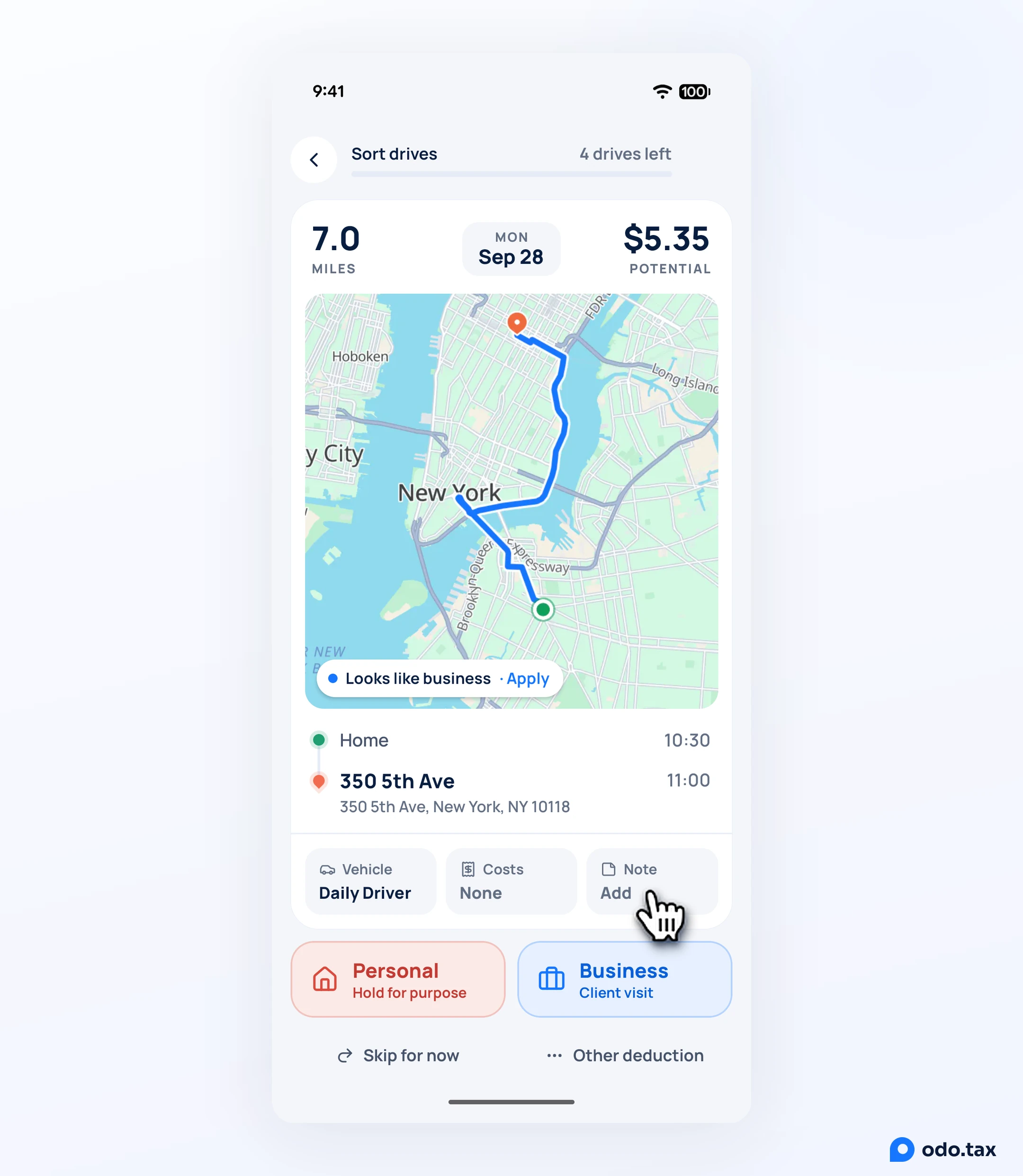 The Sort drives card in OdoTax on Android: a drive's miles, date, map and route, with Vehicle, Costs and Note under it and the Personal and Business buttons, the hand on Note.