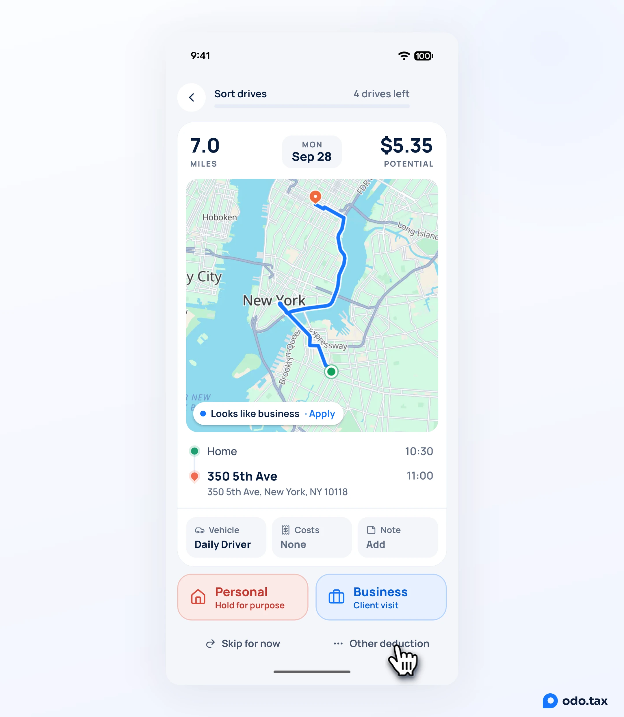 The Sort drives card in OdoTax on Android: a drive's miles, date, map and route, with Vehicle, Costs and Note under it and the Personal and Business buttons, the hand on Other deduction.