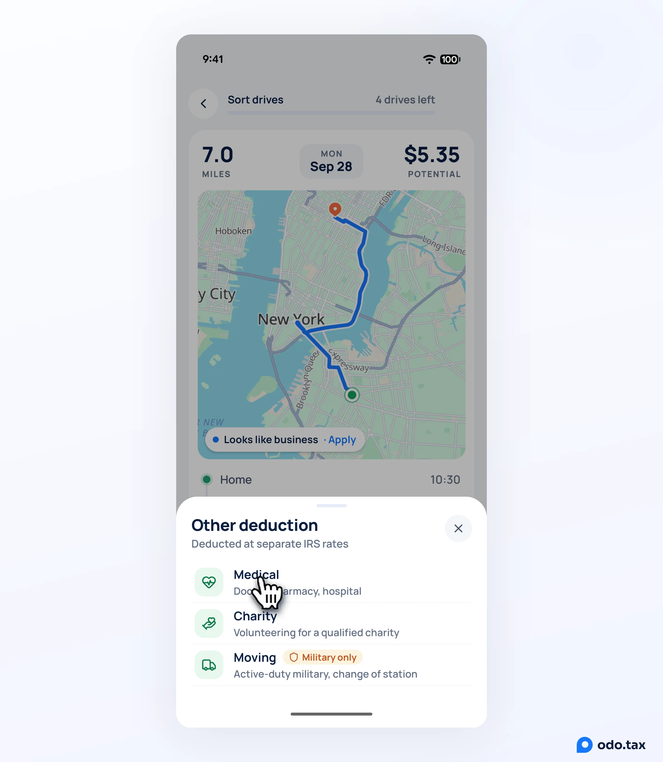 The Other deduction sheet in OdoTax on Android: Medical, Charity, and Moving marked On orders only, with the hand on Medical.