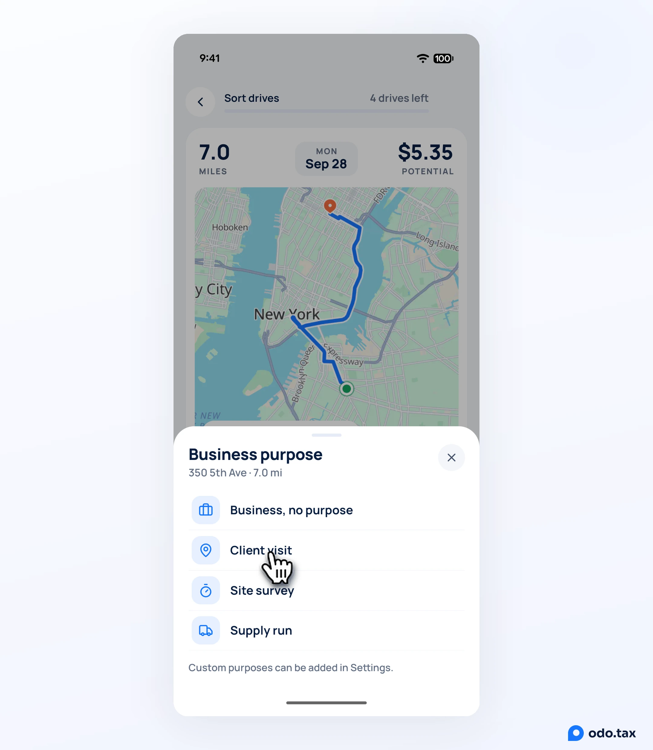 The Business purpose sheet in OdoTax on Android: Business, no purpose, Client visit, Site survey and Supply run, with the hand on Client visit.