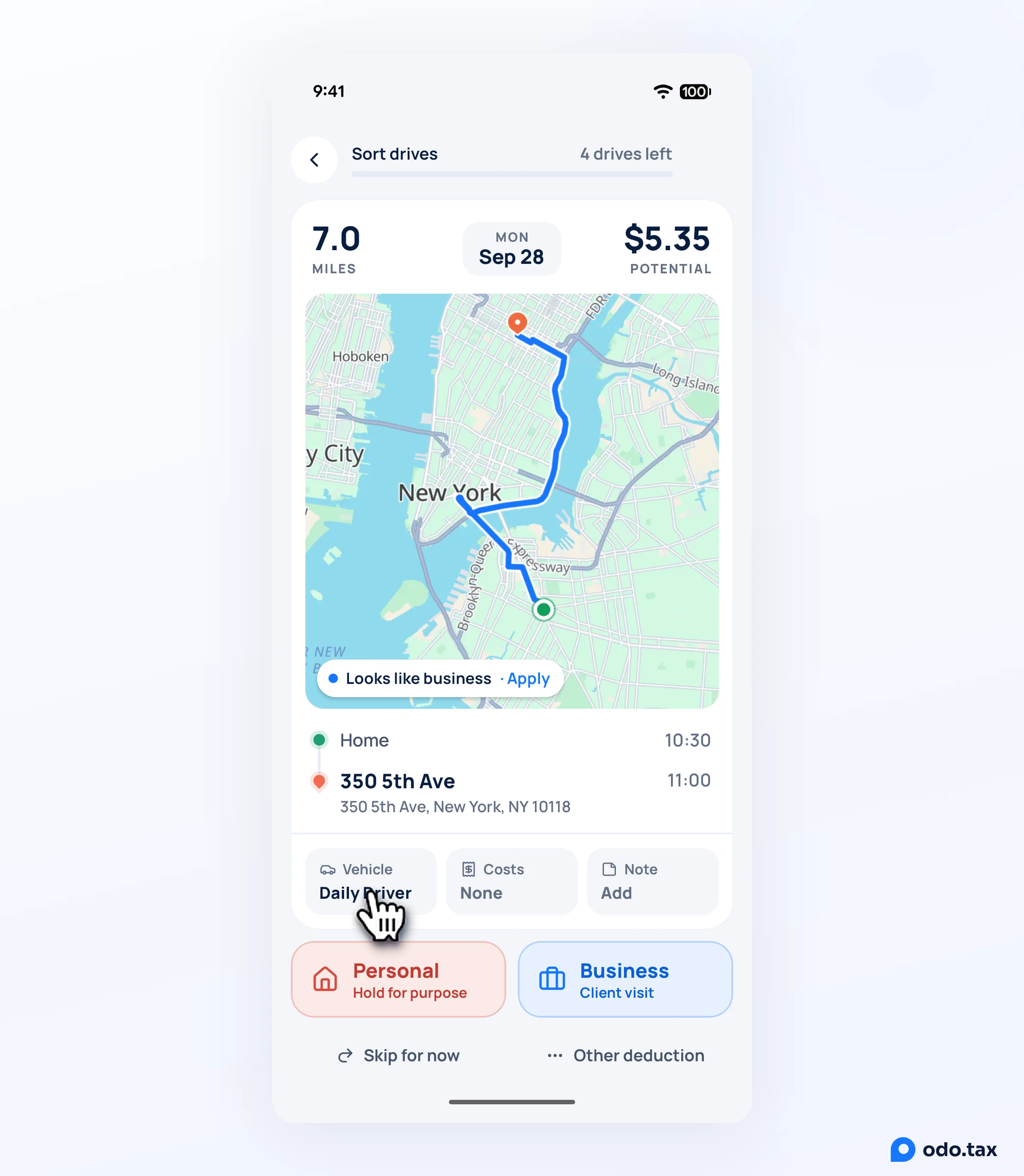 The Sort drives card in OdoTax on Android: a drive's miles, date, map and route, with Vehicle, Costs and Note under it and the Personal and Business buttons, the hand on Vehicle.
