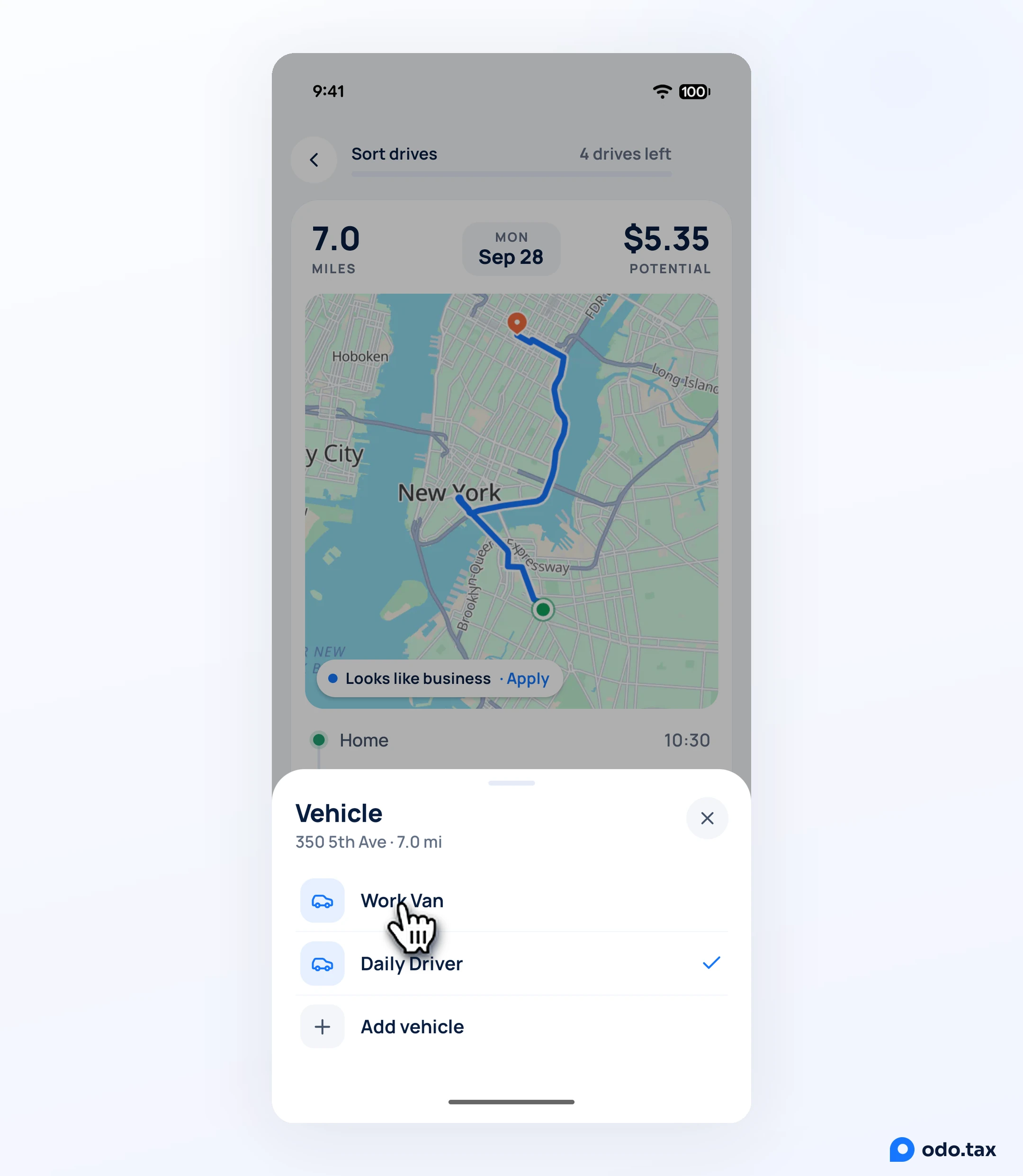 The Vehicle sheet in OdoTax on Android: Work Van, Daily Driver ticked, and Add vehicle, with the hand on Work Van.