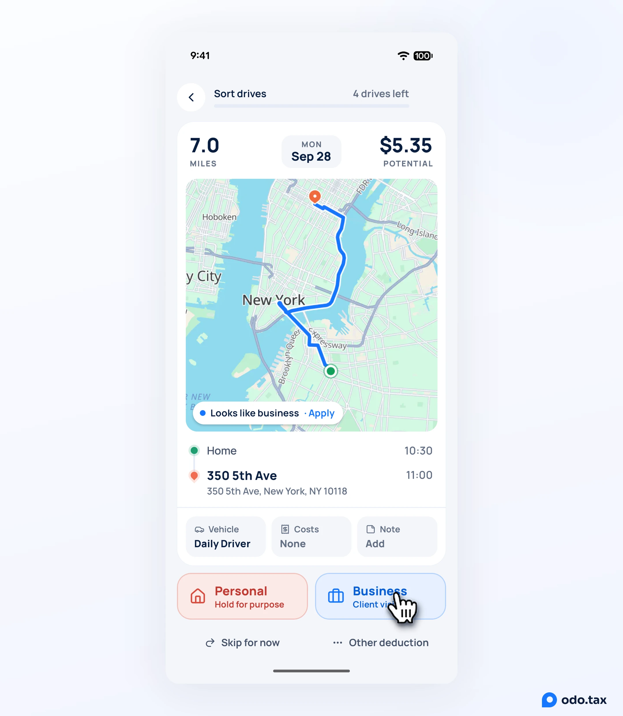 The Sort drives card in OdoTax on Android: a drive's miles, date, map and route, with Vehicle, Costs and Note under it and the Personal and Business buttons, the hand on Business.