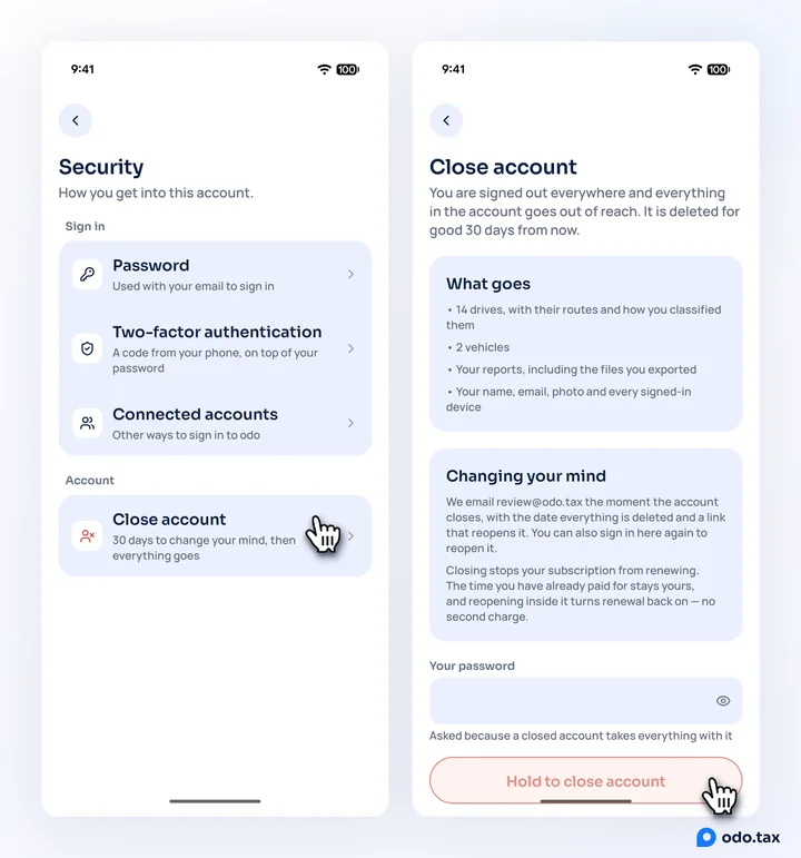 Two phones: the Security screen with the hand on Close account; and the Close account screen listing what goes, how to change your mind, the password field and Hold to close account.