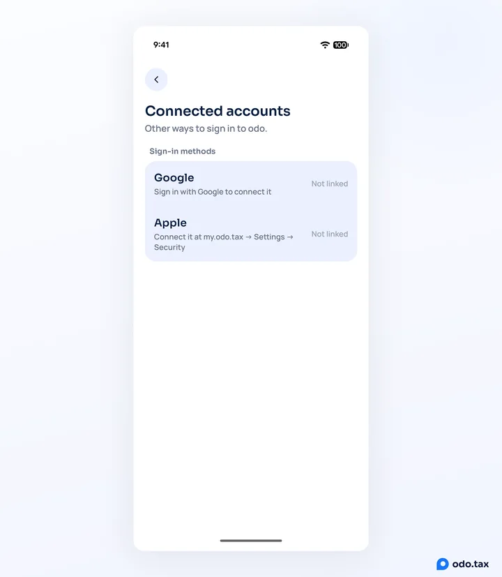 Connected accounts in odo on Android: Google, sign in with Google to connect it, and Apple, connected from the site.