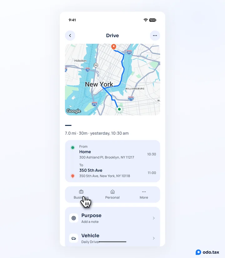 A drive open in odo on Android: its map, from Home to 350 5th Ave, the Business, Personal and More buttons with the hand on Business, and Purpose and Vehicle below.