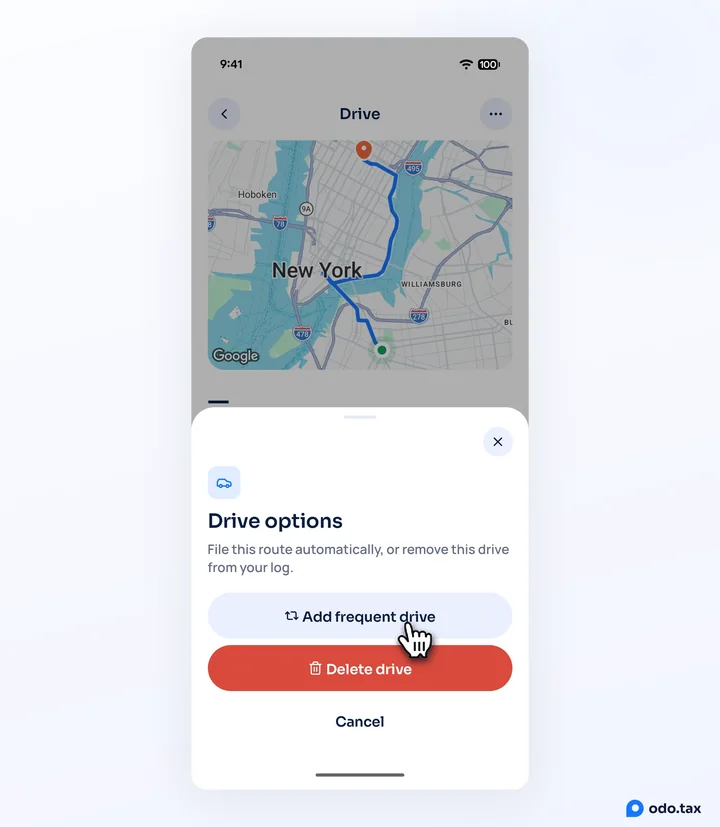 The Drive options sheet on Android with the hand on Add frequent drive.