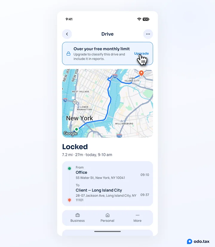 A locked drive open in OdoTax on Android: the Over your free monthly limit card at the top with the hand on Upgrade, and Locked where the drive's category would be.