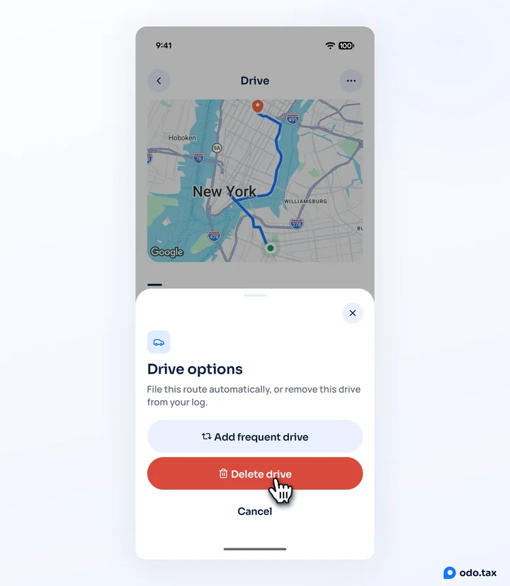 The Drive options sheet on Android: Add frequent drive, Delete drive with the hand on it, and Cancel.