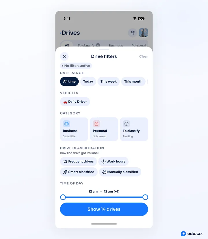 Drive filters in odo on Android: date range, vehicles, category, how the drive got its label, and time of day, with Show 14 drives at the bottom.