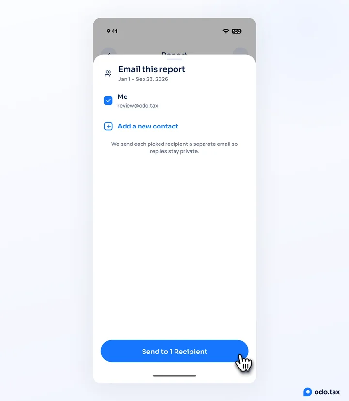 The Email this report sheet in odo on Android: Me picked, Add a new contact below, and the hand on Send.