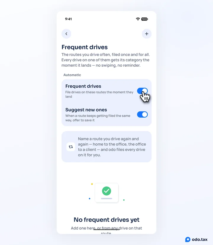 The Frequent drives screen in odo on Android: the Frequent drives and Suggest new ones switches, with the hand on the first.