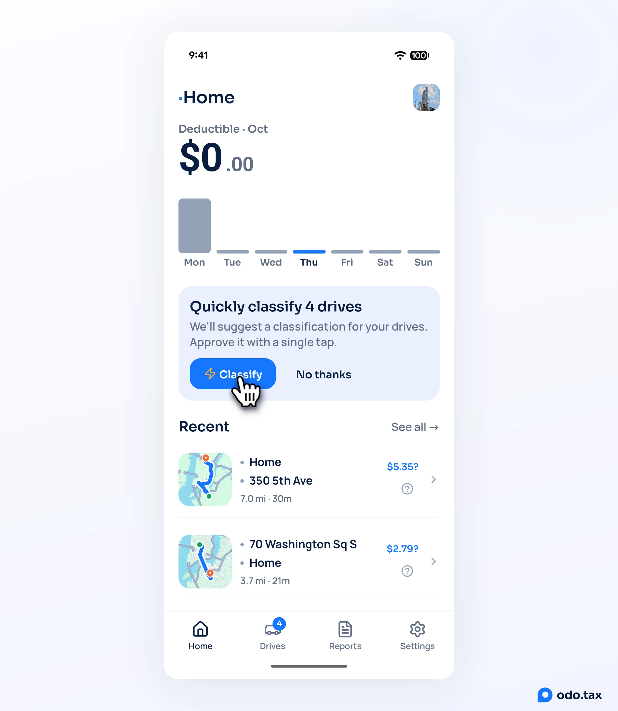 Home in OdoTax on Android with Quickly classify 4 drives, and the hand on Classify.