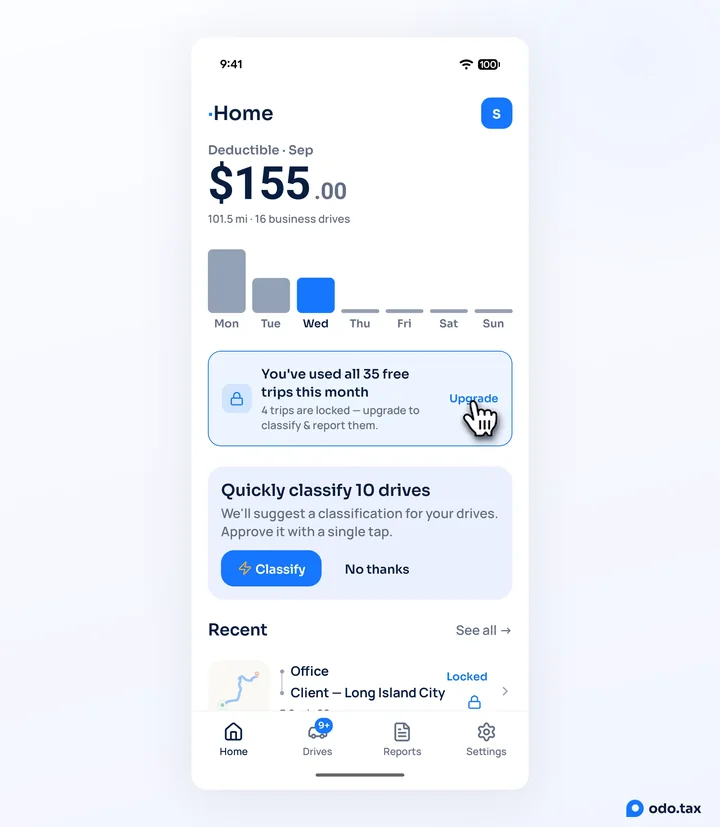 Home in OdoTax on Android with the banner You've used all 35 free trips this month — 4 trips are locked — and the hand on Upgrade.