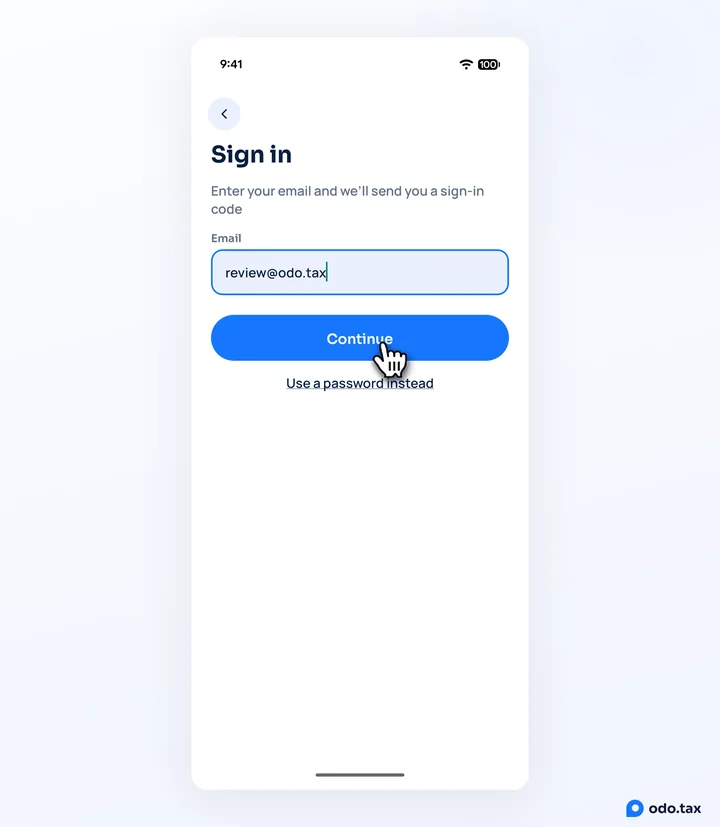 The Sign in screen on Android: the email typed in, the hand on Continue, and Use a password instead below it.