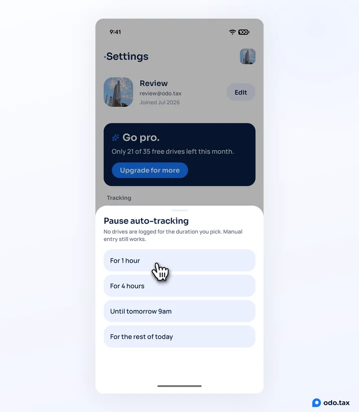 The Pause auto-tracking sheet in OdoTax on Android: No drives are logged for the duration you pick, then For 1 hour with the hand on it, For 4 hours, Until tomorrow 9am and For the rest of today.