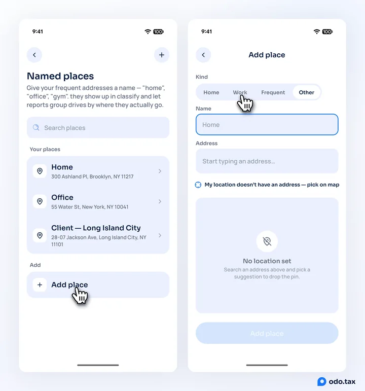 Two phones: the Named places screen with Home, Office and Client — Long Island City and the hand on Add place; and the Add place form with the Home, Work, Frequent and Other kinds, the hand on Work.