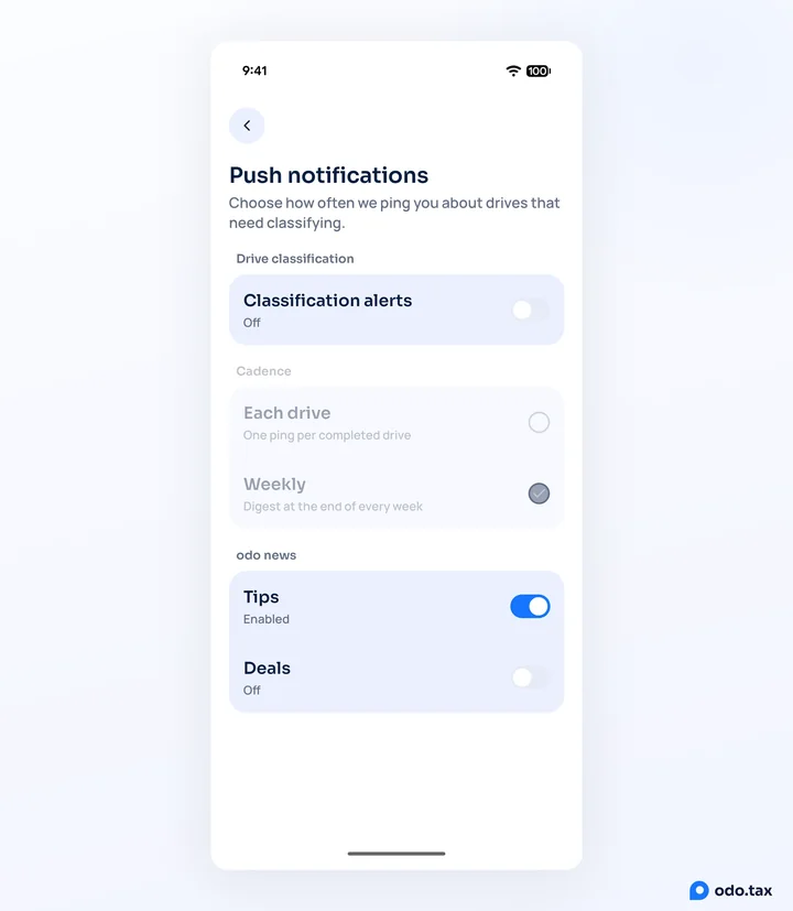 Push notifications in odo on Android: Classification alerts, the Cadence — each drive or weekly — and Tips and Deals.