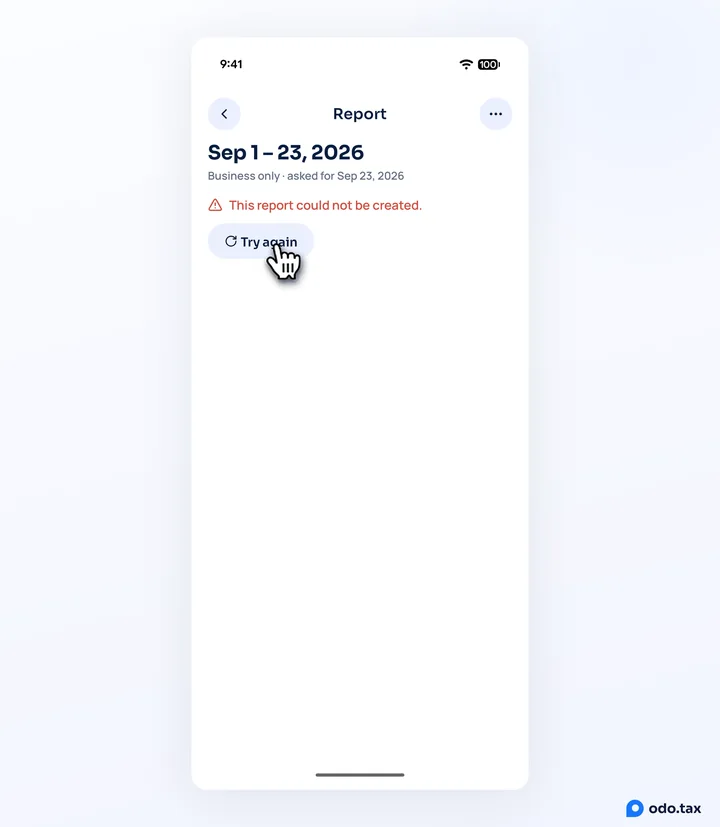 A failed report opened in odo on Android: This report could not be created, and the hand on Try again.