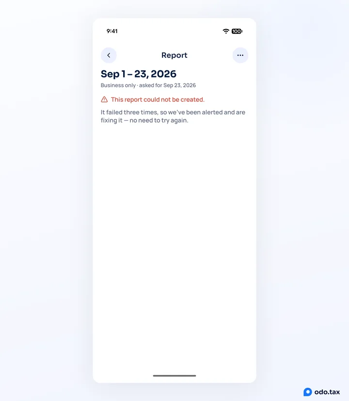 A report in odo on Android that failed three times: It failed three times, so we've been alerted and are fixing it — no Try again.
