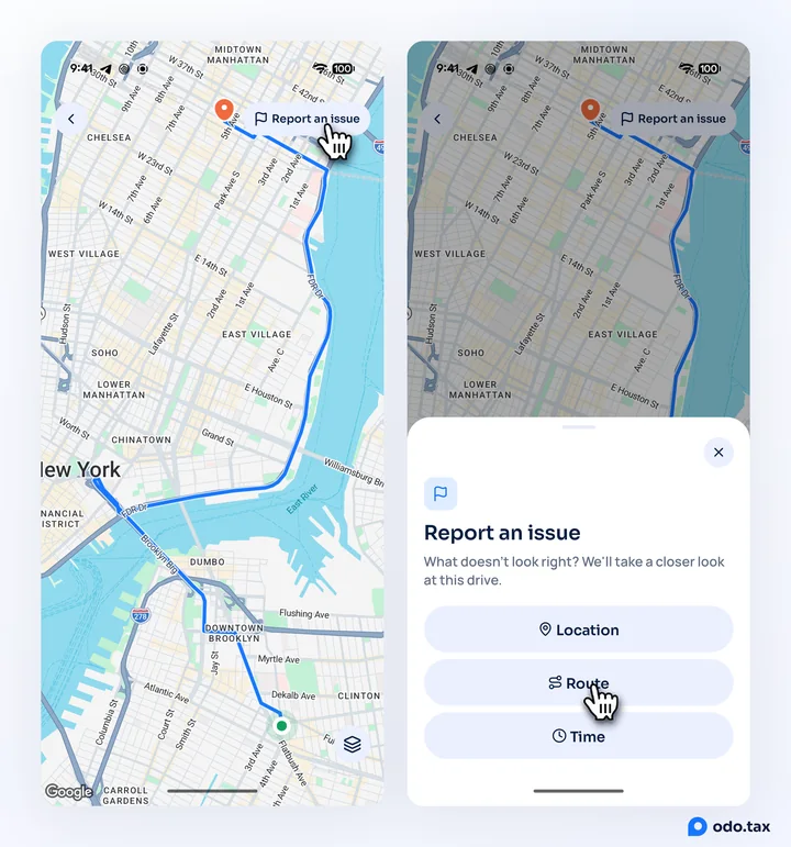 Two phones: a drive’s full map with the hand on Report an issue; and the Report an issue sheet with Location, Route and Time, the hand on Route.