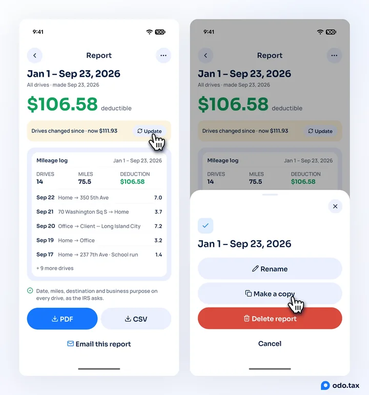 Two phones: a report showing Drives changed since · now $111.93 with the hand on Update; and its options — Rename, Make a copy, Delete report — with the hand on Make a copy.