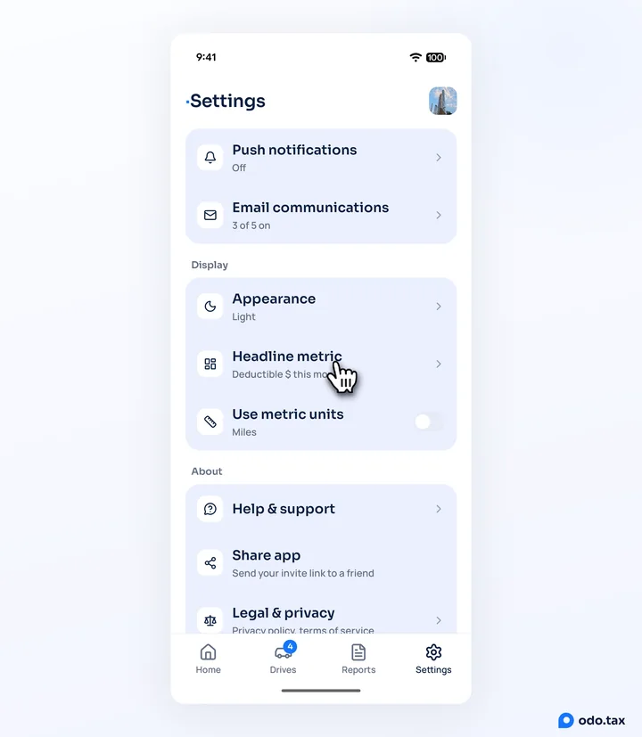 Settings in odo on Android at the Display section — Appearance, Headline metric, Use metric units — with the hand on Headline metric.